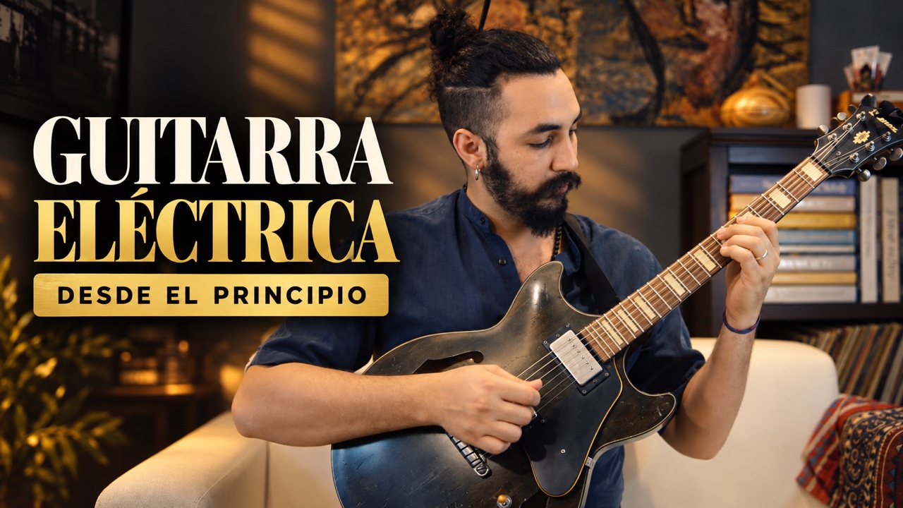 Ricky Castillo con una guitarra eléctrica y el título Guitarra eléctrica