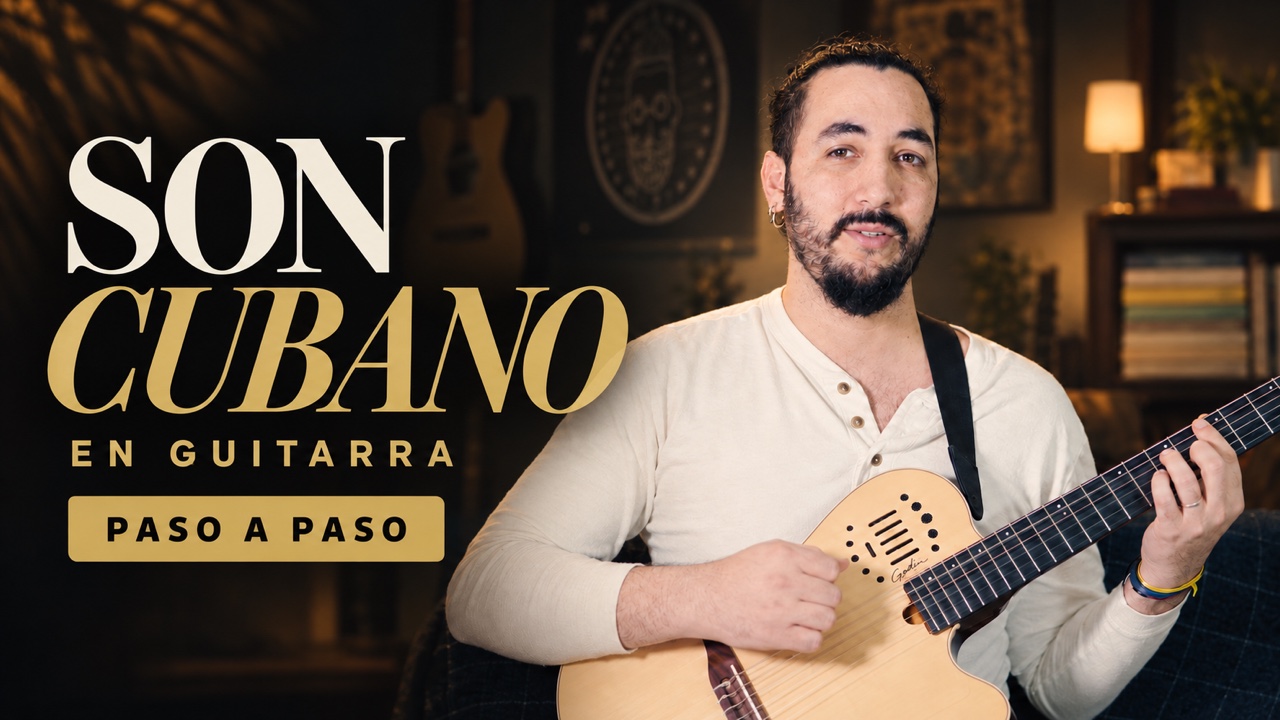 Ricky Castillo con una guitarra acústica y el título Son cubano en guitarra