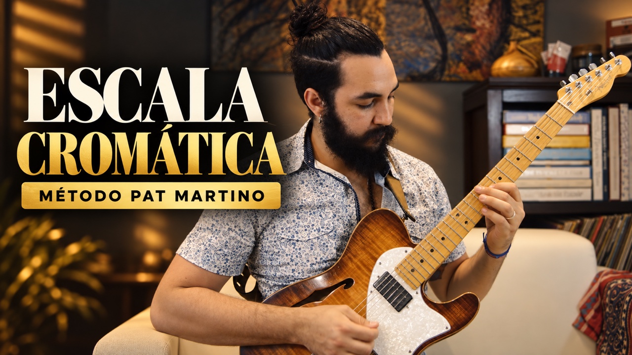 Ricky Castillo con guitarra eléctrica y el título Escala cromática, método Pat Martino